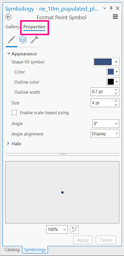 Screenshot of Symbology pane Properties window