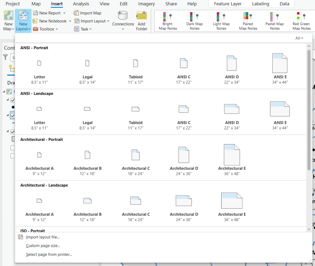 Screenshot of ArcGIS Pro New Layout dropdown menu