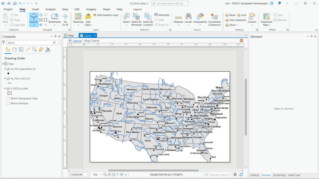 Screenshot of ArcGIS Pro layout with map frame activated