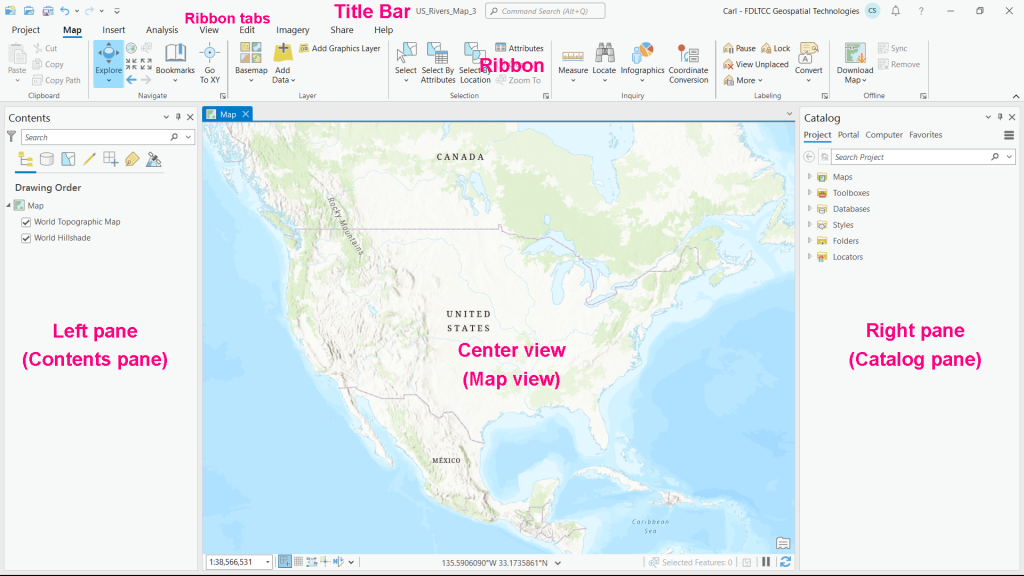 Labeled screenshot of the ArcGIS Pro workspace