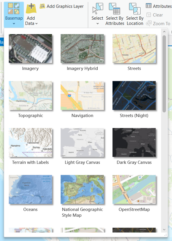 Screenshot showing the Basemap gallery