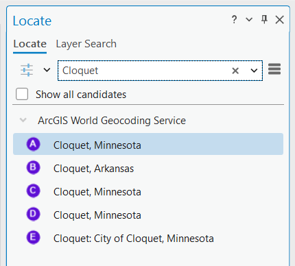 Screenshot of Locate pane