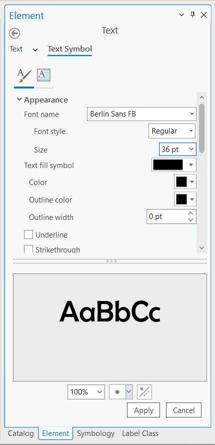 Screenshot of Element pane with text symbol appearance options