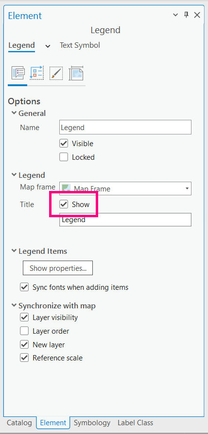 Screenshot of Element pane Legend options