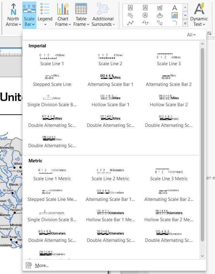 Screenshot of Scale Bar dropdown menu