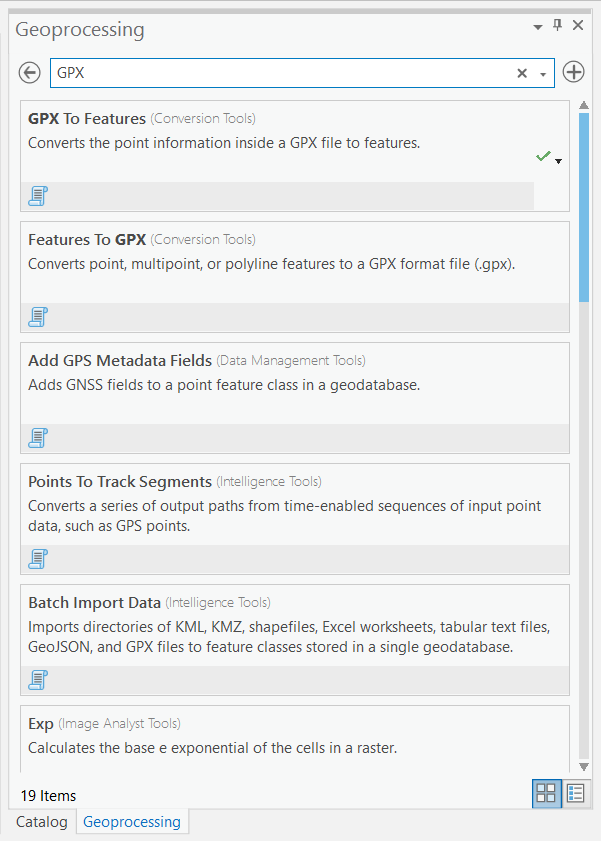 Figure 2.2: The Geoprocessing Pane with search results for "GPX"
