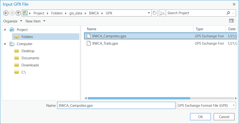 Figure 2.3: Locating the .gpx waypoints file in the connected GIS data folder