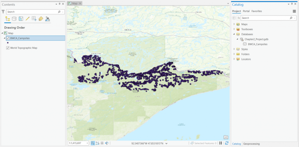 Figure 2.5: The point dataset imported from GPS waypoints shown in the Contents pane, Catalog pane, and on the map