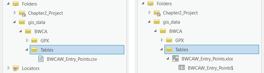 Figure 2.7: A CSV table (left) and a Microsoft Excel table (right) in the Catalog pane