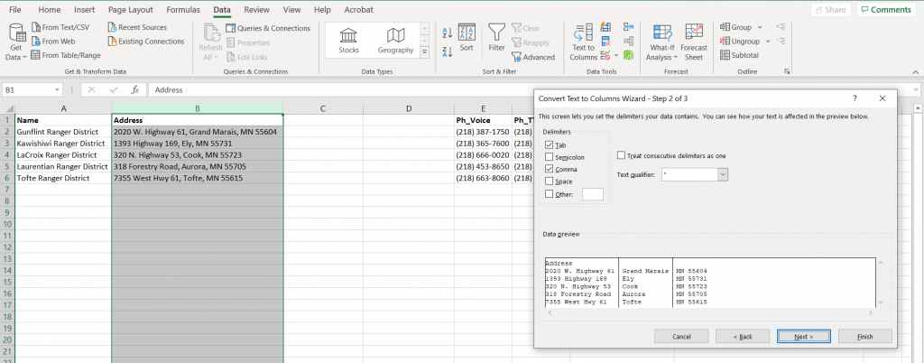 Figure 2.11: Splitting address components in Microsoft Excel