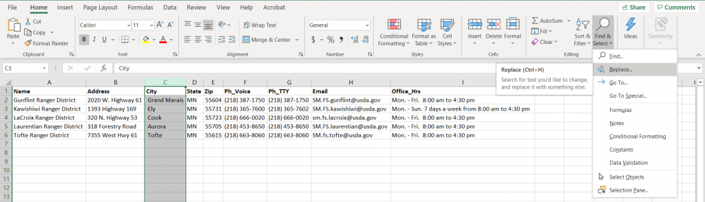 Figure 2.12: Opening the Replace tool