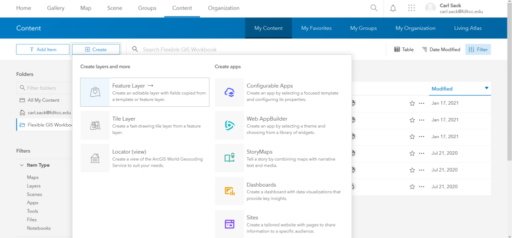 Figure 2.16: Creating a new feature layer in ArcGIS Online