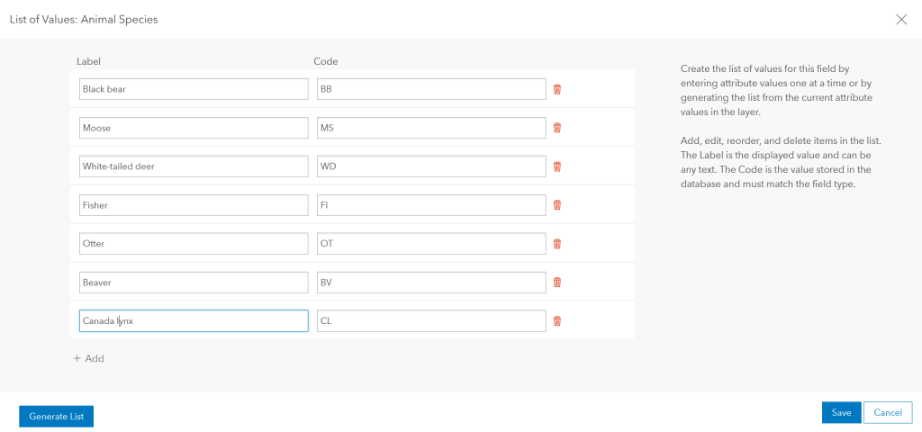 Figure 2.23: Editing the list of available values for a field