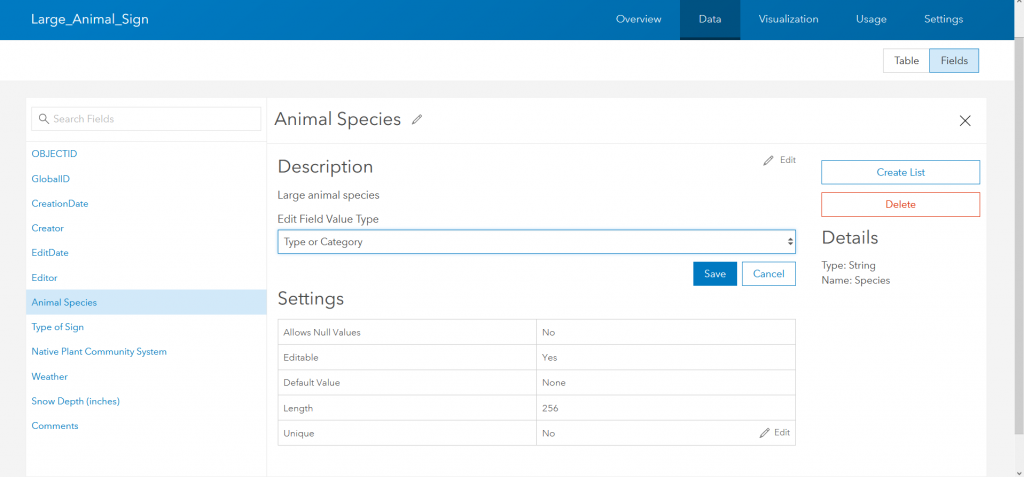 Figure 2.22: Editing the settings for a field