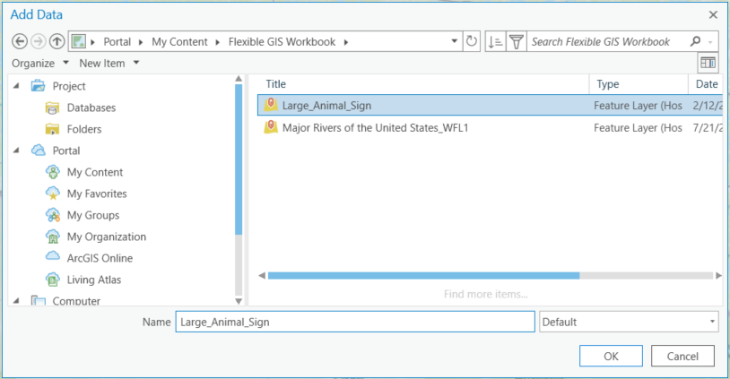 Figure 2.33: Adding a hosted feature layer to the map in ArcGIS Pro