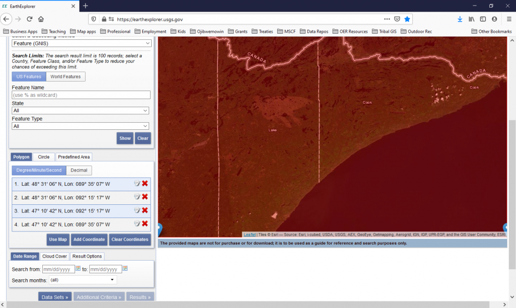Figure 2.35: Using the EarthExplorer web portal to search for imagery by map area