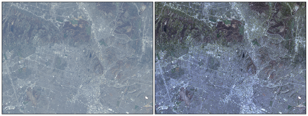 Figure 2.36: Landsat Level-1 imagery (left) versus Level-2 surface reflectance data (right)