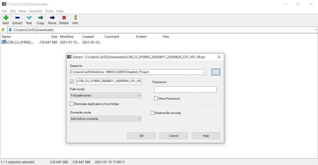 Figure 2.37: Using 7-Zip to extract the Landsat .tar archive