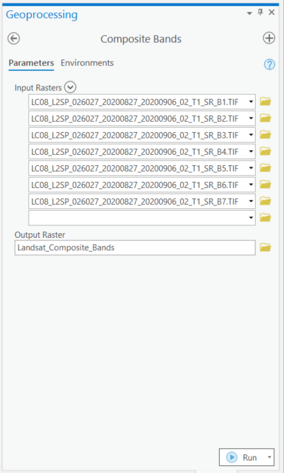 Figure 2.39: Running the Composite Bands tool with Landsat imagery bands