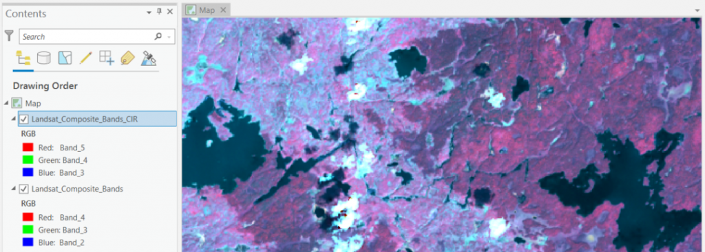 Figure 2.42: Color infrared imagery showing healthy vegetation as shades of red, areas with little vegetation as blue, and water as dark blue or black