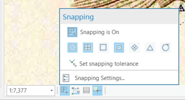 Figure 2.45: Turning snapping on and adjusting the snapping options from the Snapping button in the lower-left corner of the map frame