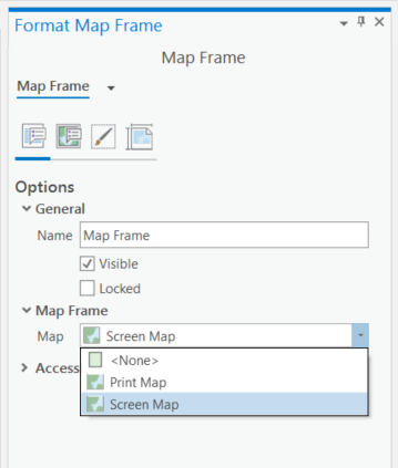 Figure 1.49: Changing the map frame contents to the Screen Map