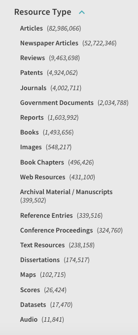 Resource Type search facets found in a library catalog