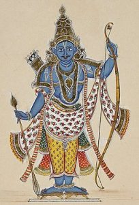  Rama is depicted blue-skinned and carrying a strung bow with a quiver full of arrows on his back and a single arrow in his right hand. On laid and water-marked European paper with a fleur de lys. This is elsewhere in the series dated 1816. Painted in South India (probably Thanjavur or Tiruchchirapalli)