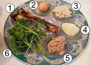 Passover plate with ritual elements that include a bone shank, an egg, horse radish, bitter herbs, vegetable, salt water and charoset