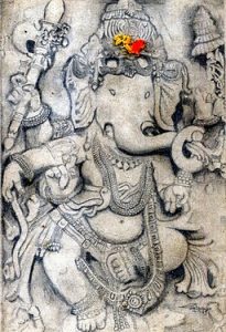 An artist's pencil sketch representation of one of the reliefs of 'Dancing Ganesha' in the Hoysaleswara Temple complex.