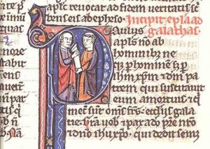 Beginning of the New Testament Epistle to Galatians translated from Greek into Latin. An illuminated manuscript, in the picture Apostel Paul hands his Epistle to a Galatian
