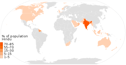Hinduism percent population in each nation World Map Hindu data by Pew Research
