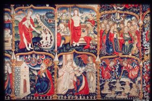 The Apostles Creed Description European; Tapestry; Textiles-Tapestries Date circa 1550 –1600 Medium Wool warp, wool wefts Dimensions Overall: 143 1/2 x 190in. (364.5 x 482.6cm) Collection Metropolitan Museum of Art